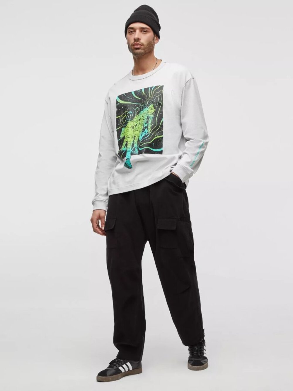 Mode of One Graphic Long Sleeve Tee with Neon Astronaut Print Size L